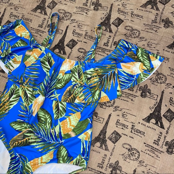 Daci NWT! Blue/Multi Palm Print Cold The Shoulder Swimsuit Size XXL - Picture 3 of 11